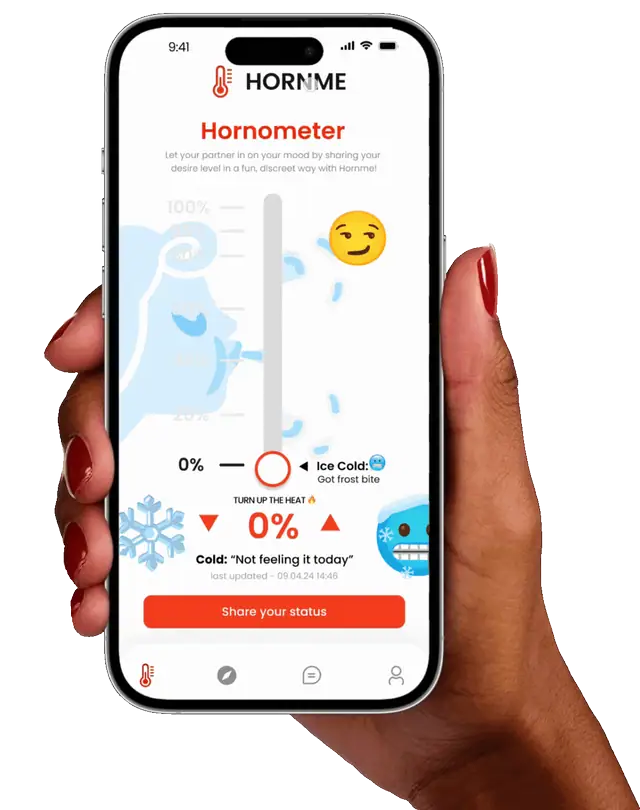A hand holding a phone displaying the HornMe app mood screen